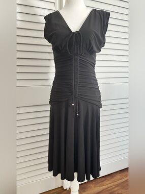 BHWM Black Ruched V-Neck Mid-Length Dress-size 0 /NWT